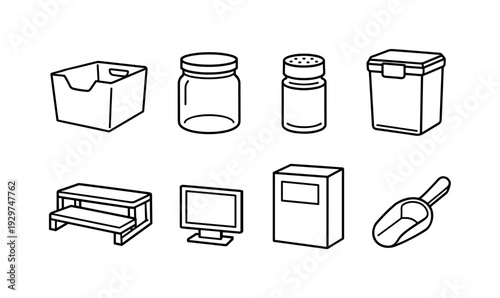 Home pantry organization tools: linear style storage bin, glass jar, spice jar, airtight container, cereal box, shelf riser, label holder, scoop spoon