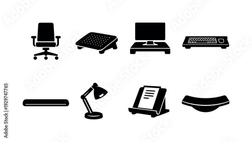 Office workstation ergonomics: office chair, footrest, monitor stand, keyboard tray, wrist rest, desk lamp, document holder, balance board