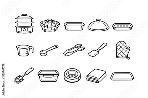 Home kitchen food steamer tools: linear style electric steamer, steamer basket, water reservoir, lid cover, drip tray, measuring cup, measuring spoon, tongs,