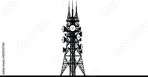 Black and white tower with multiple antennas and circular on a white background circular black and white