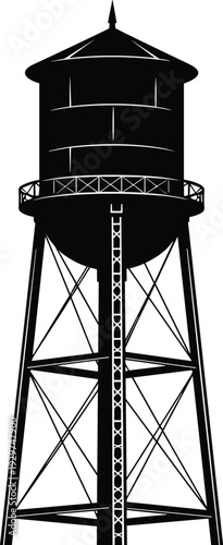 Black and white water tower with ladder and support beams silhouette industrial