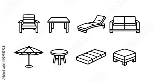 Outdoor patio furniture: linear style patio chair, patio table, sun lounger, outdoor sofa, patio umbrella, side table, cushion pad, footstool