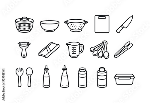 Home salad preparation tools: linear style salad spinner, mixing bowl, colander, cutting board, chef knife, vegetable peeler, mandoline slicer, measuring cup,