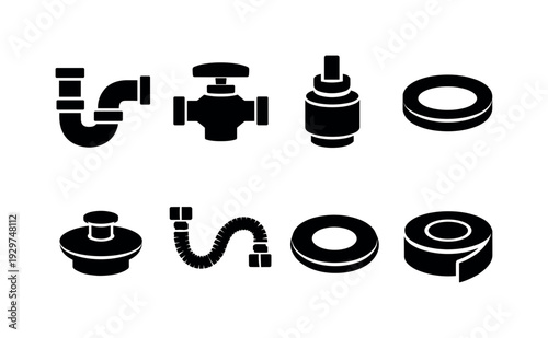 Home bathroom plumbing parts: pipe trap, shutoff valve, faucet cartridge, rubber gasket, drain stopper, supply hose, flange ring, plumber tape roll