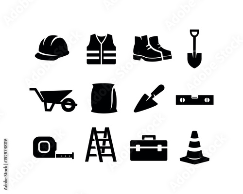 Construction site equipment: safety helmet, safety vest, work boots, shovel, wheelbarrow, cement bag, trowel, spirit level, measuring tape, ladder, toolbox,