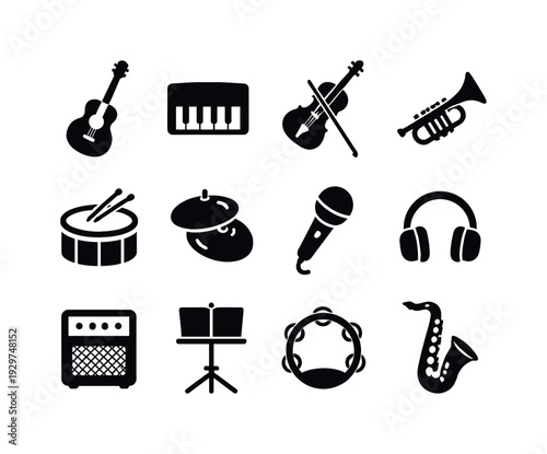Music instruments: guitar, piano, violin, trumpet, drum, cymbal, microphone, headphone, amplifier, music stand, tambourine, saxophone