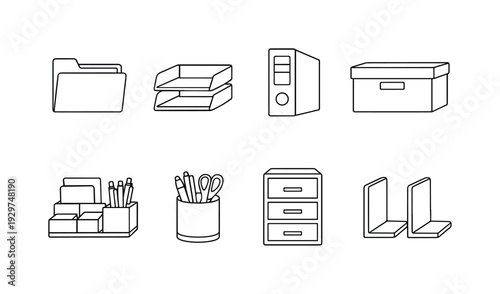 Home office storage set: file folder, document tray, ring binder, storage box, desk organizer, pen holder, drawer unit, bookend. . Thin consistent line stroke,