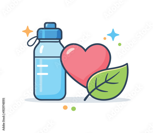Personal wellness routines and balanced daily self-care in everyday life highlighting prevention and healthy habits, a water bottle placed beside a heart icon