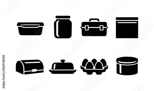Kitchen food storage basics: food container, glass jar, lunch box, freezer bag, bread box, butter dish, egg holder, storage tin