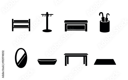 Home entryway furniture: shoe rack, coat rack, storage bench, umbrella stand, wall mirror, key tray, console table, doormat