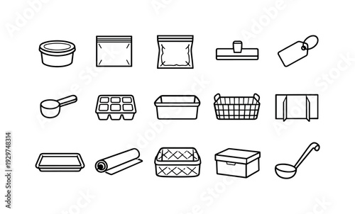 Home freezer soup portion storage: linear style soup container, freezer bag, vacuum bag, clip seal, label tag, measuring scoop, freezer tray, storage bin,