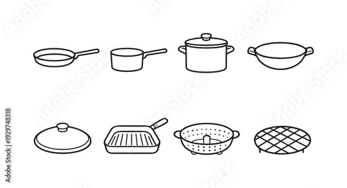 Kitchen stovetop cookware: frying pan, saucepan, stock pot, wok, pot lid, grill pan, steamer basket, trivet. . Thin consistent line stroke, outline only,