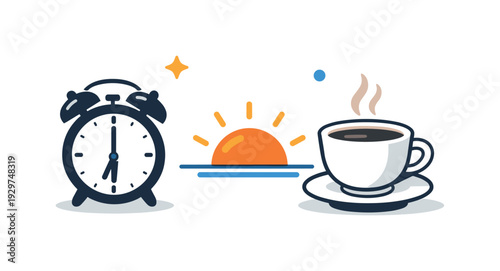 Mindful morning routine and intentional start of the day focused on clarity and energy before work, a simple alarm clock beside a coffee cup and a small rising