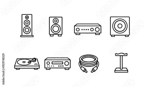 Home audio equipment: linear style floor speaker, bookshelf speaker, amplifier, subwoofer, turntable, audio receiver, speaker cable, headphone stand
