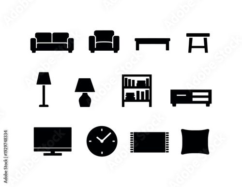 Home living room furniture: sofa, armchair, coffee table, side table, floor lamp, table lamp, bookshelf, media console, television, wall clock, rug, cushion