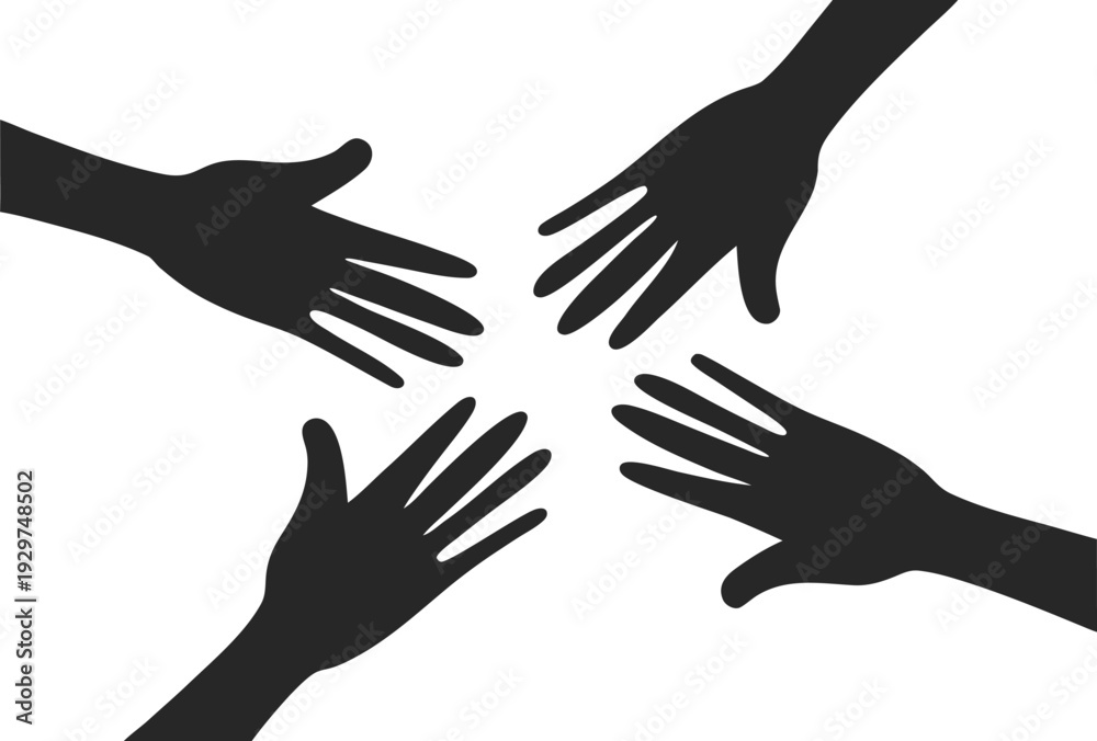Obraz premium Four black silhouetted hands reaching towards center silhouettes