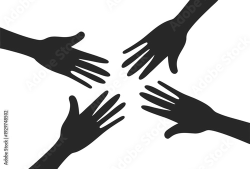 Four black silhouetted hands reaching towards center silhouettes