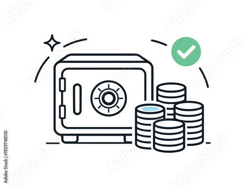 Mindful long-term financial security and disciplined saving in everyday personal money management, a closed safe with neatly stacked coins representing