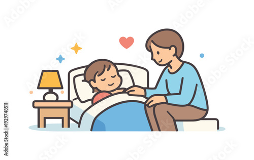Gentle family evening centered on rest and emotional closeness at the end of the day, a child in bed with an adult sitting nearby and a small bedside lamp