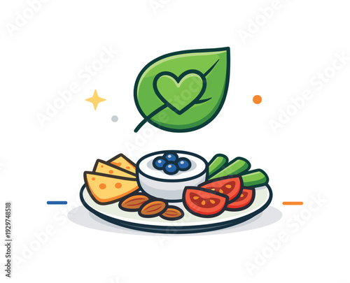 Calm daily habit of preparing a light and nourishing midday break without rush or pressure, a small snack plate paired with a leaf icon representing mindful