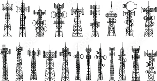 Collection of various black and white tower structures with antennas and equipment