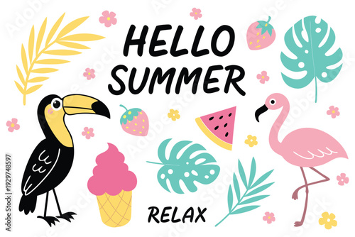Hello summer with toucan flamingo and tropical