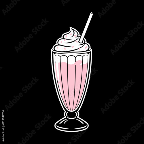 Pink Milkshake in Glass with Whipped Cream.