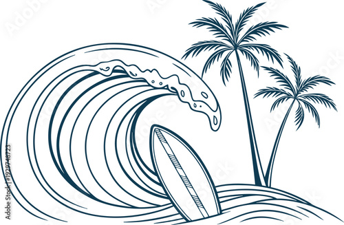 Surfboard under blue wave with palm trees ocean
