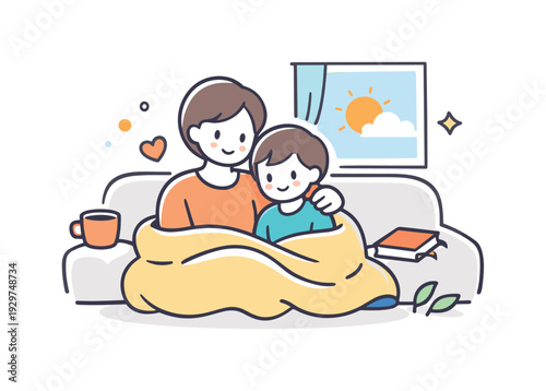 Peaceful family morning at home centered on unhurried togetherness and a familiar daily rhythm, an adult and child sitting side by side on a sofa with a soft