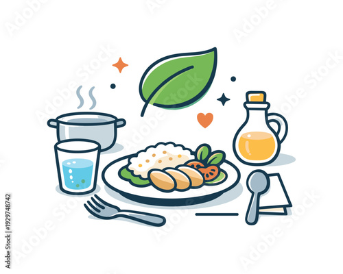 Calm daily habit of preparing a simple and nourishing midday meal without rush or stress, a plate paired with a leaf icon representing mindful eating and