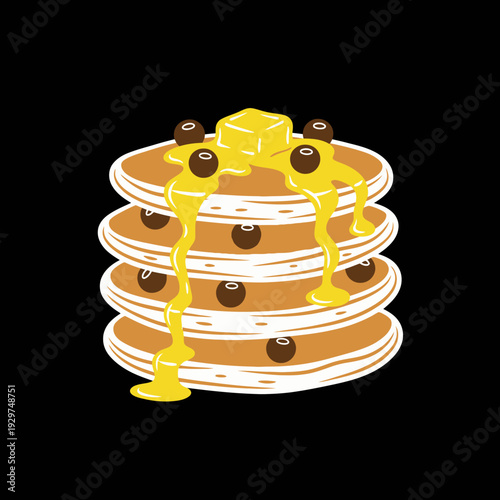 Stack of pancakes with syrup and chocolate chips.