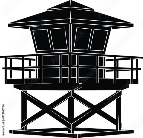 Elevated black and white observation tower with a pyramid-shaped roof and a railing on the platform