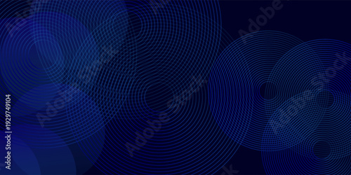 Abstract geometric digital art with a deep navy blue background, layered translucent circular shapes in indigo and blue tones, elegant and calming atmosphere
