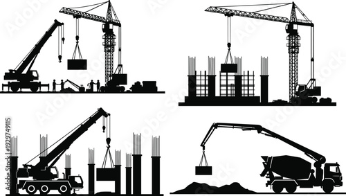 Four black and white construction cranes lifting on a construction site