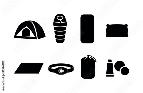 Outdoor camping sleep gear: tent, sleeping bag, sleeping pad, camping pillow, groundsheet, headlamp, stuff sack, repair kit