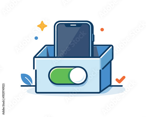 Digital minimalism and intentional technology use in modern daily life, a smartphone placed inside a simple box with a toggle switch icon representing conscious