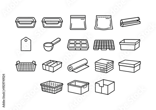 Home freezer meal prep containers: linear style glass container, plastic container, freezer bag, vacuum bag, clip seal, label tag, measuring scoop, tray,