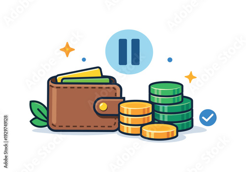 Personal financial clarity and mindful spending decisions in everyday life, a simple wallet paired with stacked coins and a pause icon representing awareness