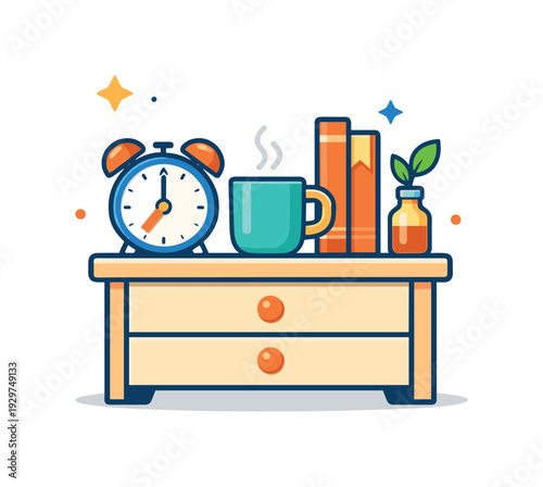 Calm daily habit of creating a smooth morning start without rushing or stress, a neatly arranged bedside table paired with a small alarm clock symbolizing