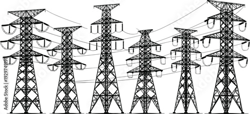 Five black and white transmission towers with multiple insulators and power lines connecting them in a linear arrangement