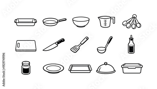 Home eggplant parmesan cooking tools: linear style baking dish, frying pan, mixing bowl, measuring cup, measuring spoon, cutting board, chef knife, spatula,