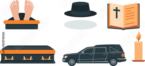 Funeral ceremony elements set, coffin, hearse car, bible, candle and mourning symbols, flat vector illustration collection