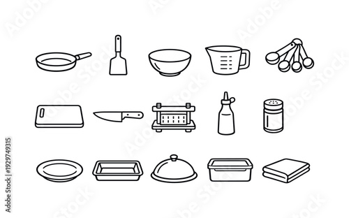 Home tofu cooking tools: linear style nonstick pan, spatula, mixing bowl, measuring cup, measuring spoon, cutting board, chef knife, tofu press, oil bottle,