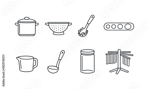 Kitchen pasta cooking tools: pasta pot, colander, pasta server, spaghetti measurer, measuring cup, ladle, storage jar, drying rack. . Thin consistent line