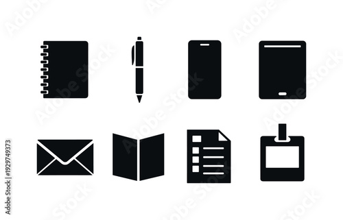 Consumer protection support kit silhouette style notebook, pen, smartphone, tablet, envelope, brochure, complaint form, badge holder