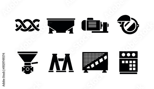 Industrial powder mixing station: ribbon mixer, mixing trough, drive motor, inspection hatch, discharge valve, support legs, safety guard, control panel