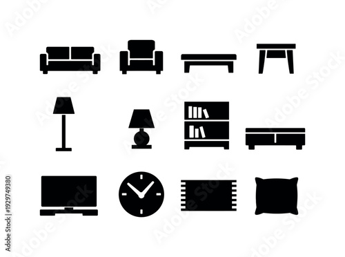 Home living room furniture: sofa, armchair, coffee table, side table, floor lamp, table lamp, bookshelf, media console, television, wall clock, rug, cushion