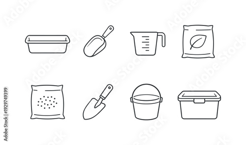 Garden soil mixing tools: mixing tub, soil scoop, measuring cup, compost bag, perlite bag, hand trowel, garden bucket, storage bin. . Thin consistent line