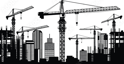 Silhouette of a city skyline with multiple construction cranes and buildings under construction