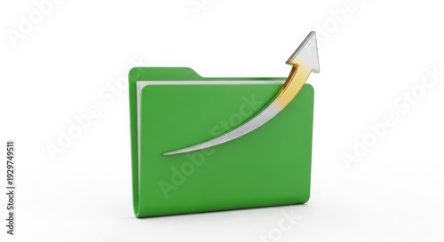 Green File Folder 3D Render with Upward Rising Arrow for Business Growth and Data Success isolated on White Background
